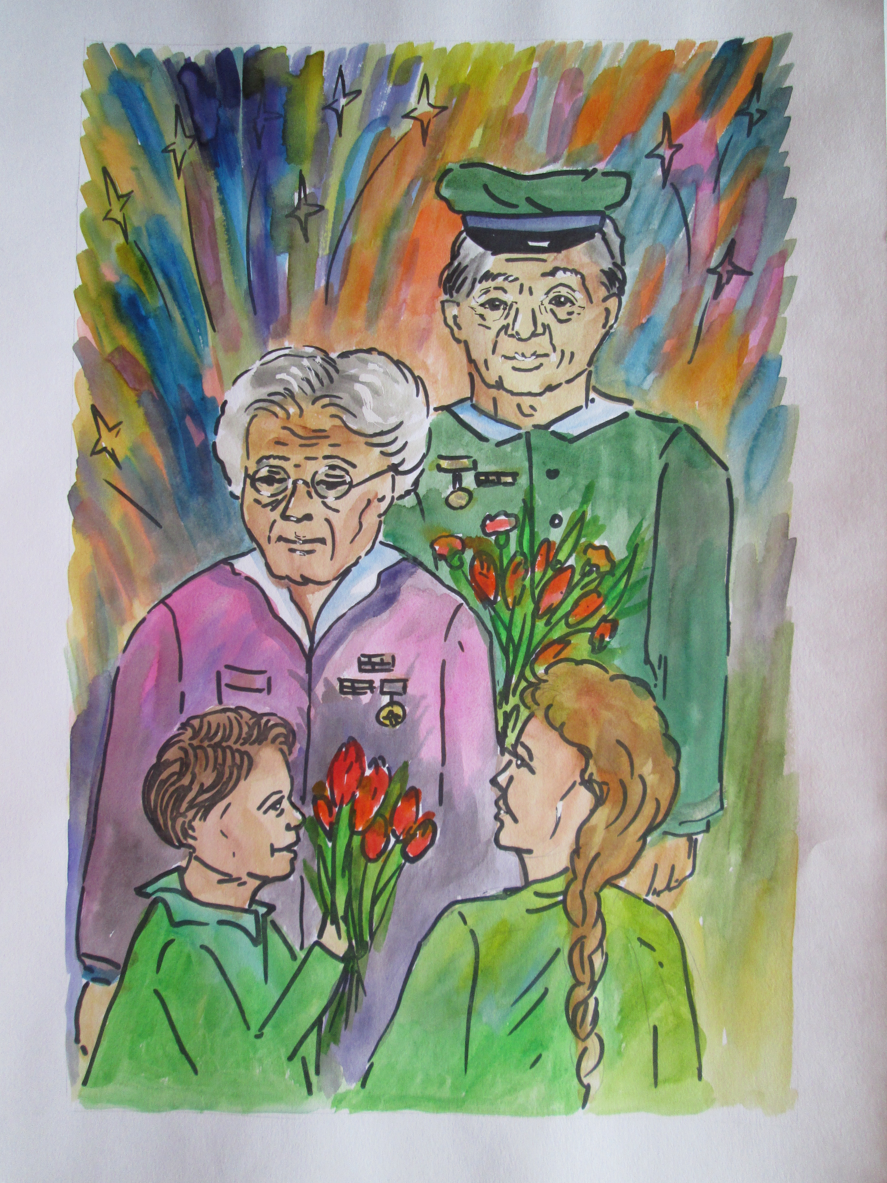 Иллюстрация ветеран с детьми